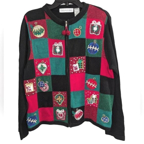 Victoria Jones Vintage 90s Ugly Christmas patchwork 3D beaded sweater cardigan L - Picture 1 of 7